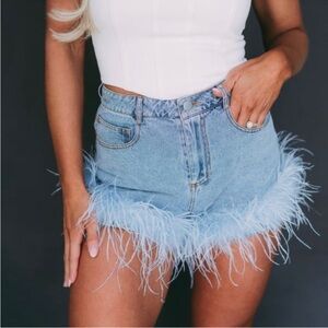 Le Lis Denim Feather Boa Trim Shorts Size XS